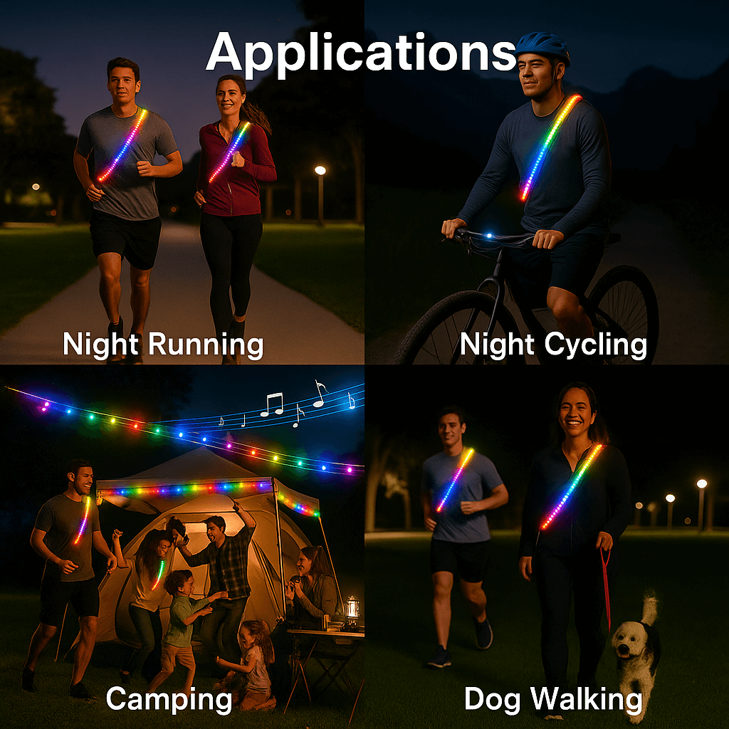 Wearable USB powered LED safety light shown in use for night running, cycling, camping, and dog walking