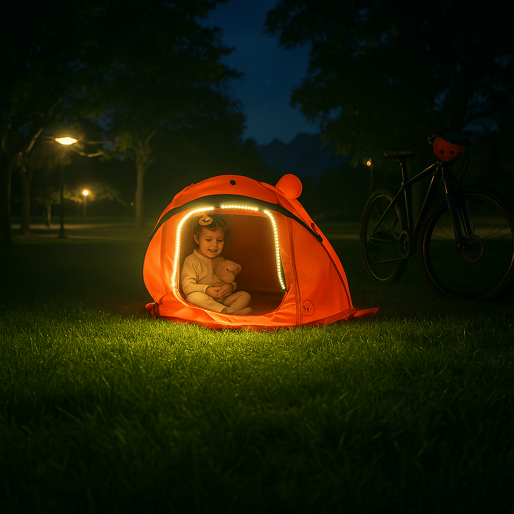 USB powered LED safety light used inside a camping tent for nighttime visibility