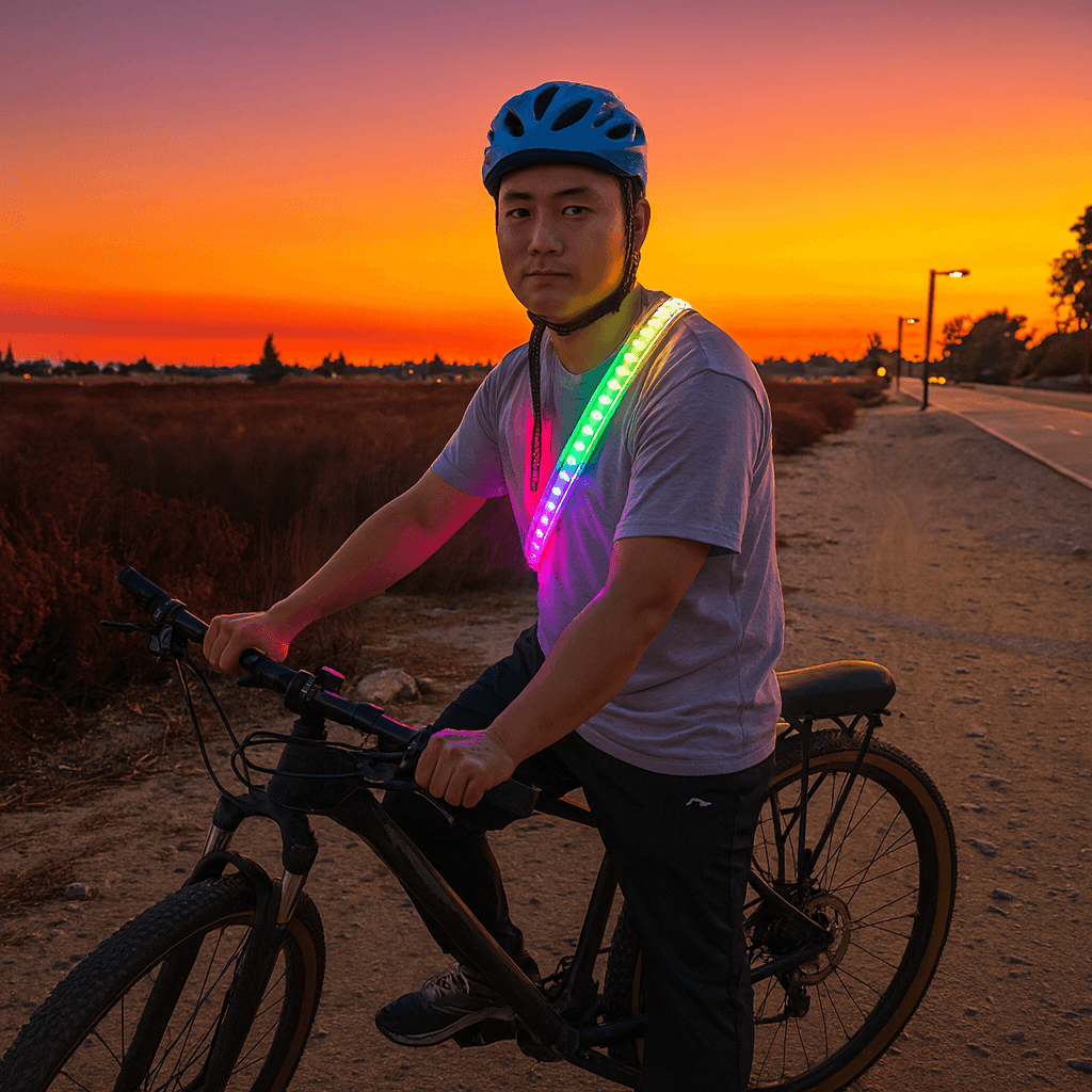 Person on a bike wearing a colorful LED safety vest during sunset.